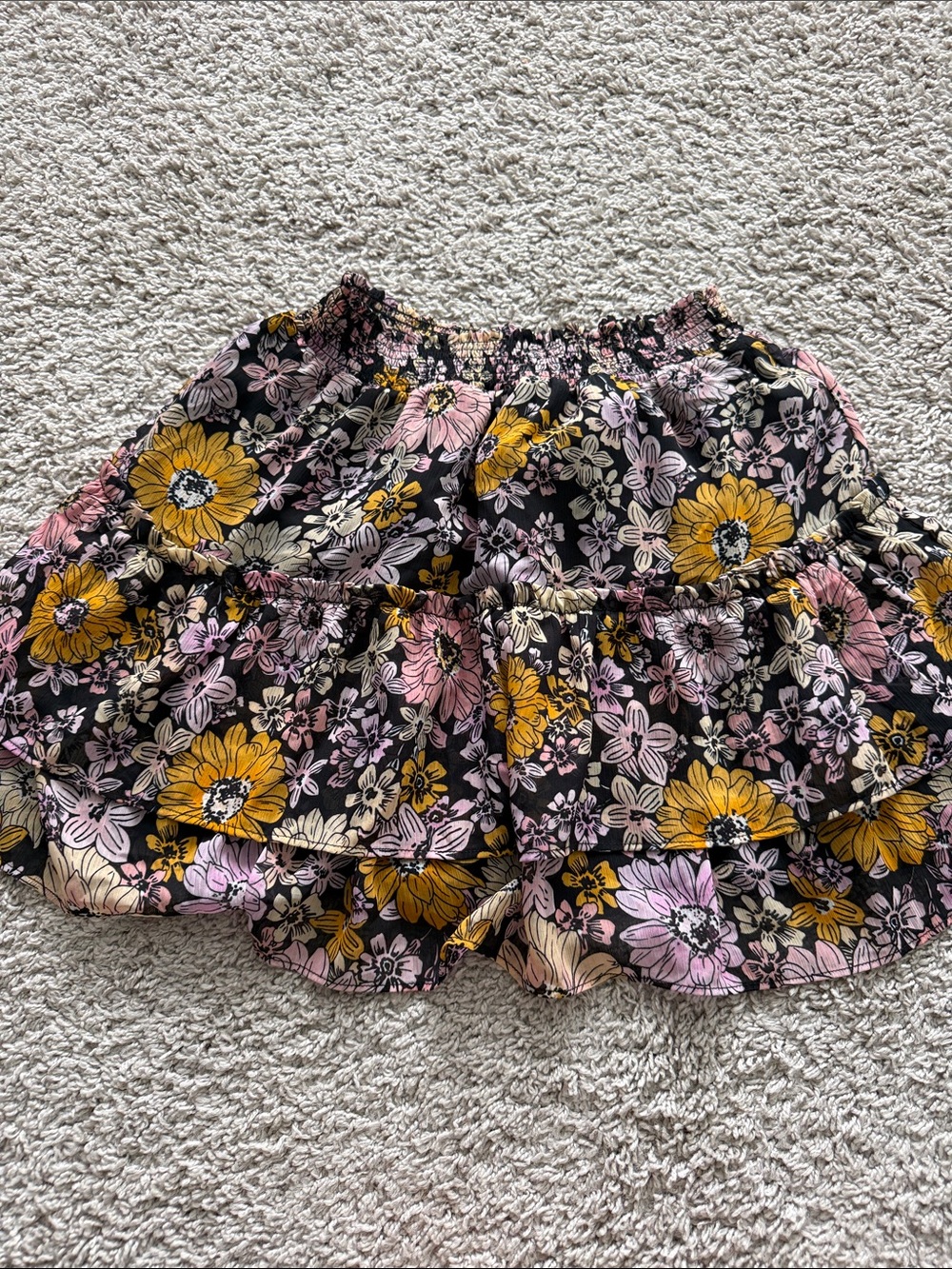 Floral Tiered Mini Skirt - Black with Yellow & Pink Flowers